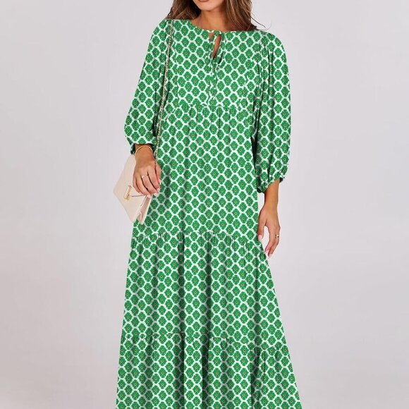 Womens Boho Maxi Dresses 2025 Summer V Neck Puff Sleeve Floral Flowy Swing Casua - Picture 6 of 8